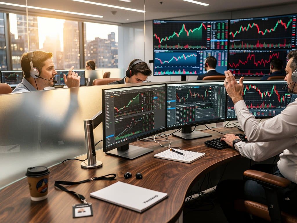 High-tech trading floor with Bloomberg terminals showing Bitcoin at $77,775, short squeeze graphs, Fear & Greed data, and Manhattan skyline view