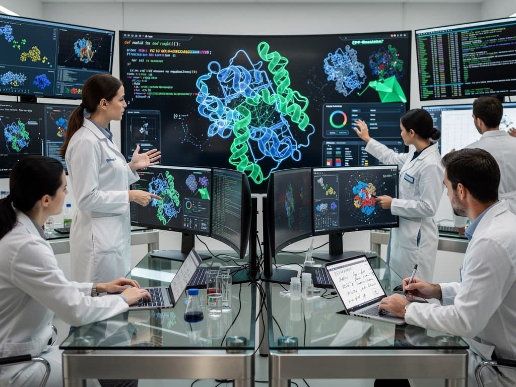 AI-biotech fusion: 3D protein models, genomic sequences, and BTC charts on displays in high-tech lab workspace.
