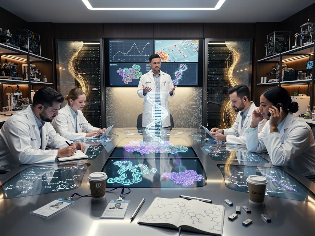 Abstract OpenAI lab scene with holographic protein models and scientists collaborating on AI-driven drug discovery visualizations
