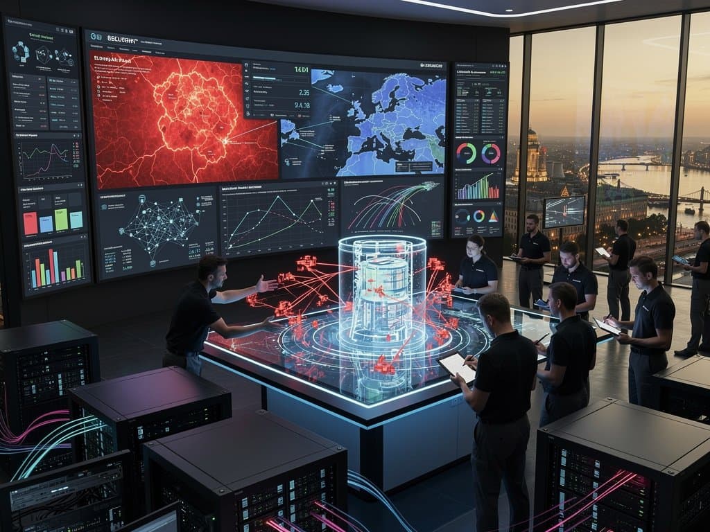 AI-powered nuclear cybersecurity command center displaying threat detection heatmaps and reactor simulations
