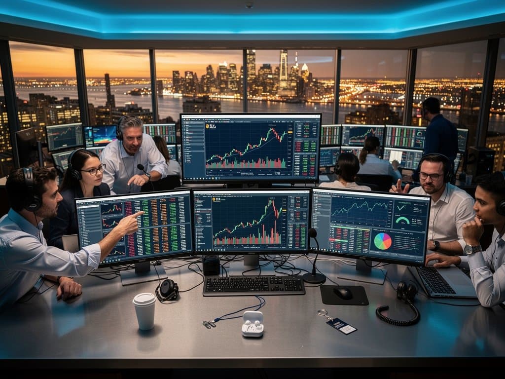 Trading floor monitors showing MSTR stock surge, Bitcoin at $77K, and crypto rally data