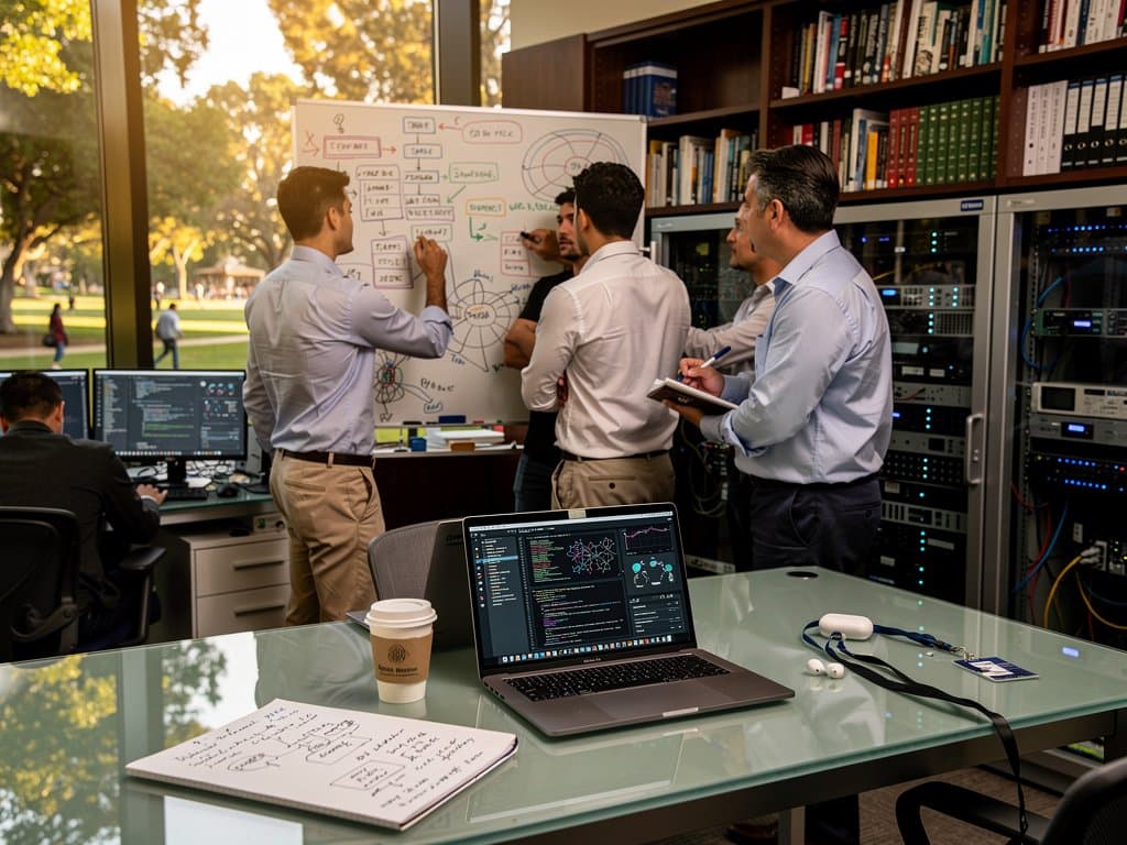 UC Berkeley BAIR lab showing AI benchmarks, cybersecurity diagrams on whiteboard, collaborative tech space