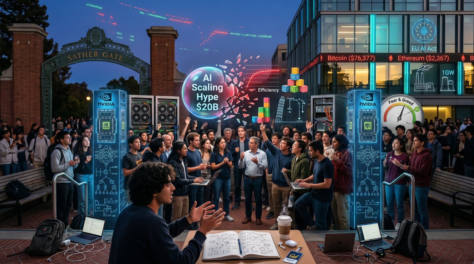Futuristic UC Berkeley AI visualization with scaling graphs, toddler benchmarks, GPU elements, and market signals