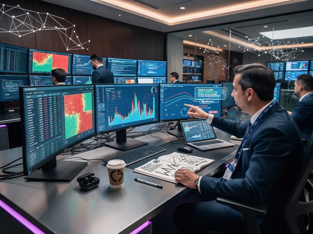 Abstract AI financial dashboards showing treasurer automation and crypto volatility in GovTech environment