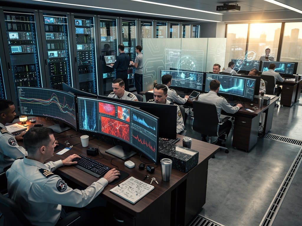 AI dashboards displaying predictive machinery health analytics in a high-tech naval operations center with server racks and data visualizations