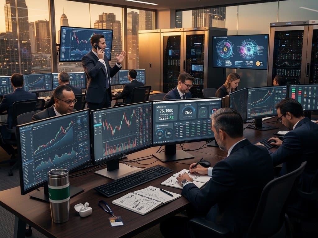 Futuristic trading floor screens showing Bitcoin at $76K, MicroStrategy nearing 1M BTC, Fear & Greed at 26, market data visualizations
