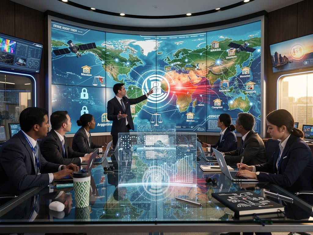 Abstract digital map of Latin America with AI networks and cybersecurity shields for education