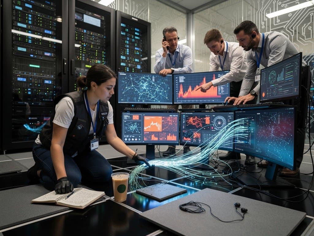 Cybersecurity team monitors AI-powered ATM bot threats in secure data center with glowing dashboards and server racks