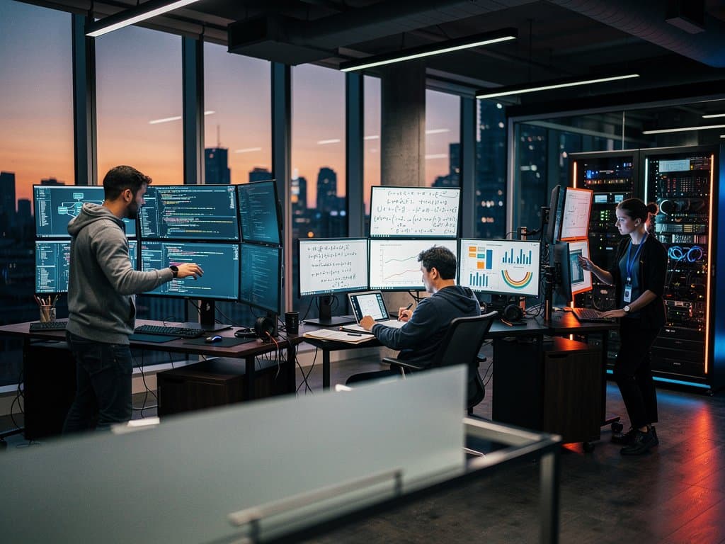 AI startup office featuring transformer neural networks, cybersecurity defenses, Fear & Greed Index at 27, server racks, and financial charts