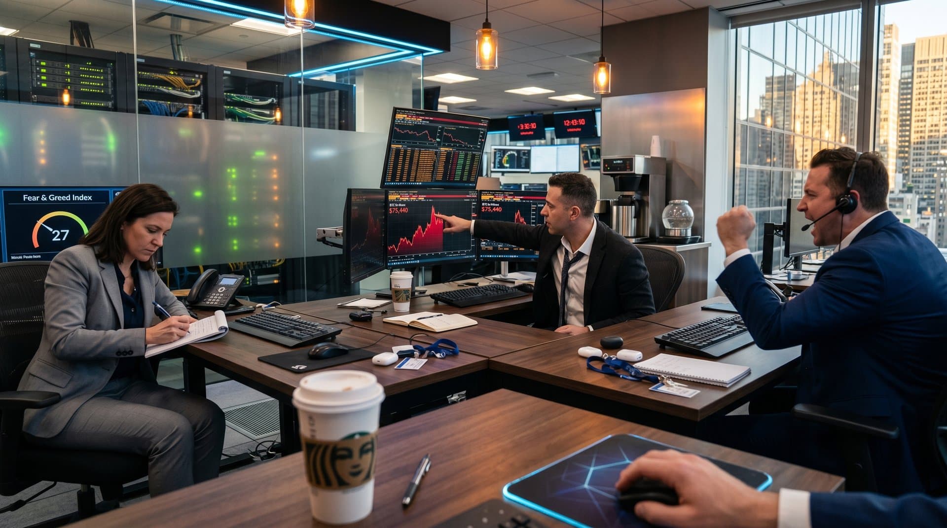 Abstract trading floor with Bloomberg terminals showing BTC at $75,440, Fear & Greed at 27, desks with keyboards and monitors under blue LED lights and city skyline