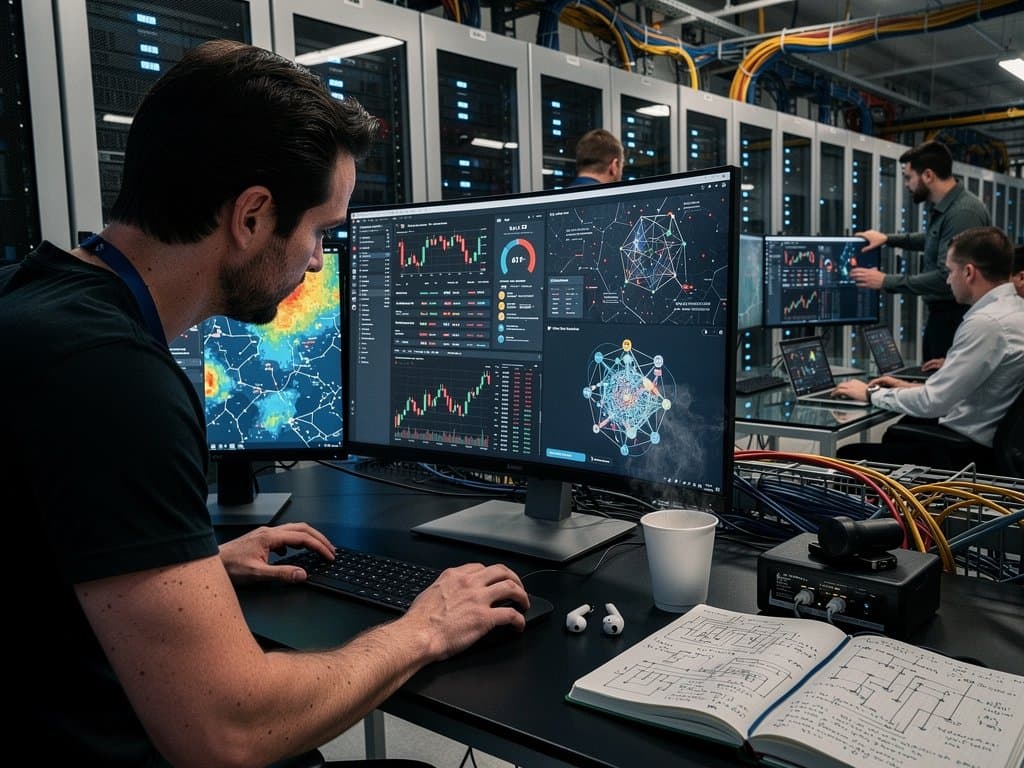 Cybersecurity team monitors Ethereum price charts and blockchain threats in advanced data center with server racks and LED displays