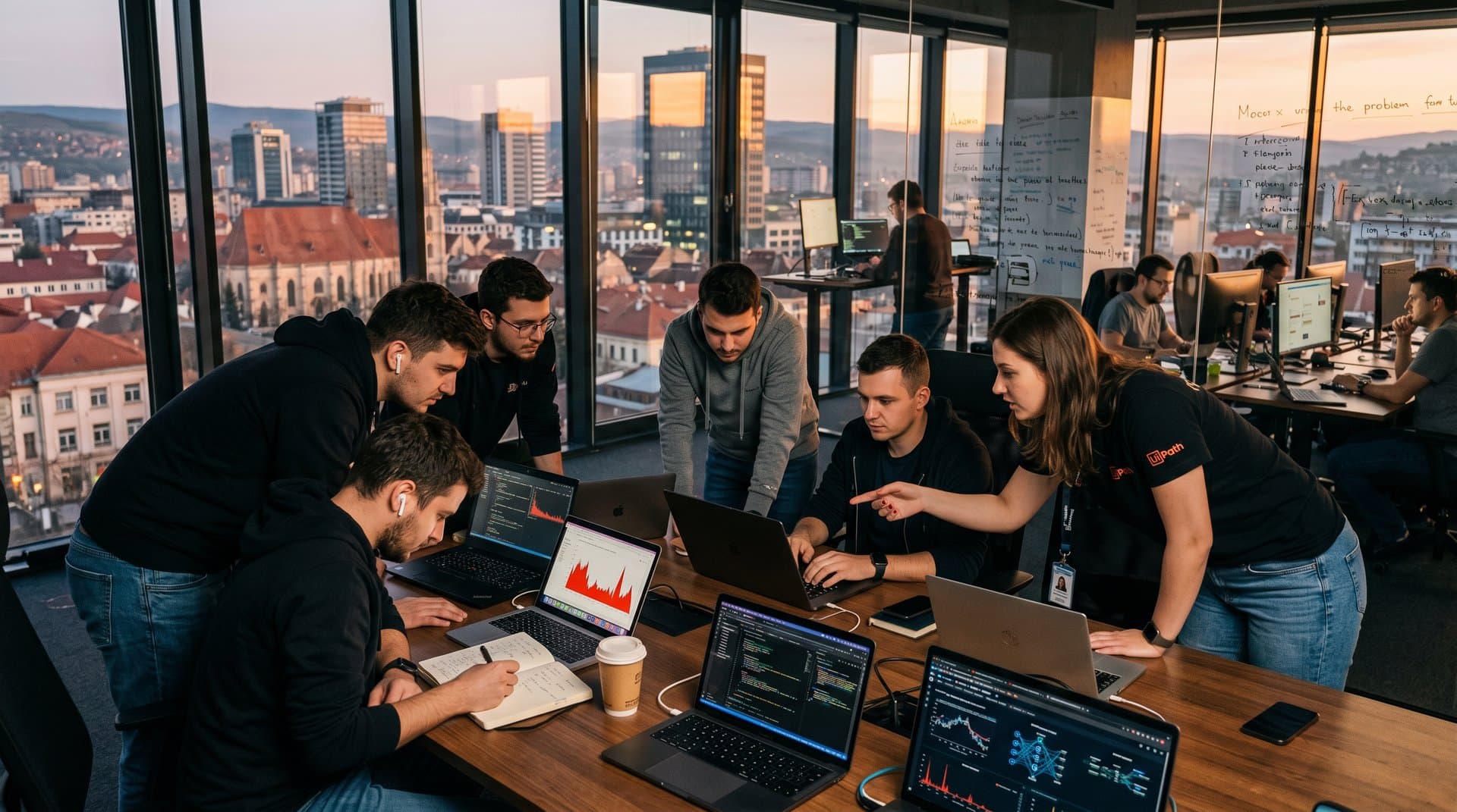 Engineers collaborating on AI and cyber projects in modern Romanian tech hub with server glows and skyline view