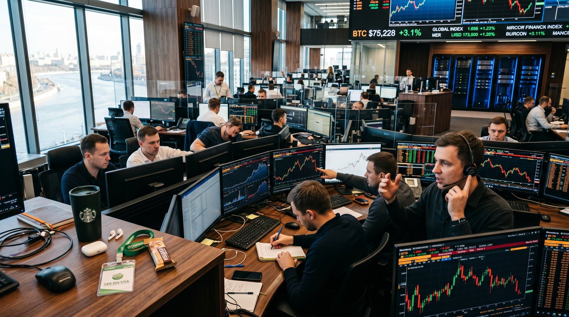 Traders at Sberbank Moscow HQ desks with Bloomberg terminals showing BTC charts, coffee cups, and market tickers in modern lit trading floor