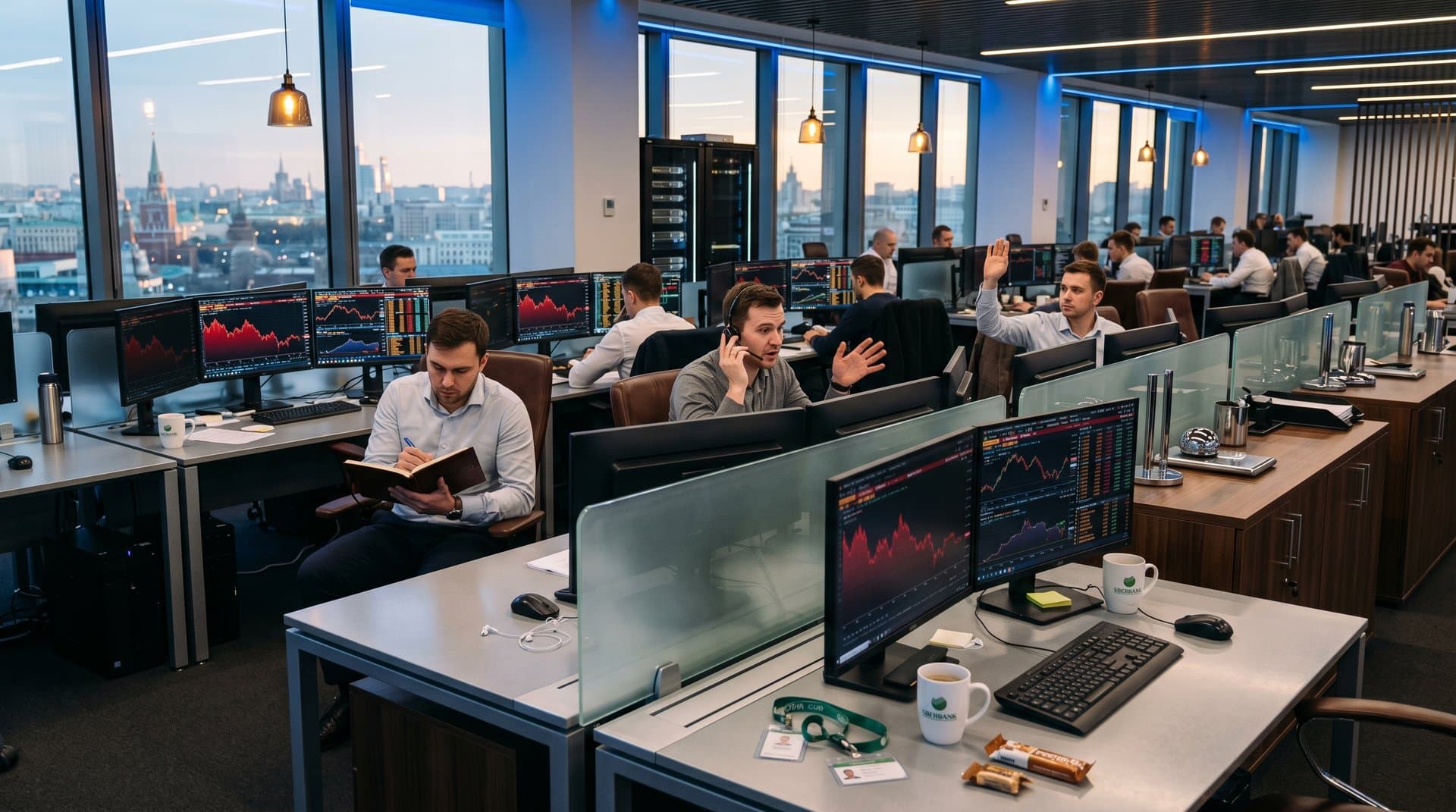 Empty trading desks with Ethereum charts on multi-monitors at modern Sberbank floor overlooking skyline