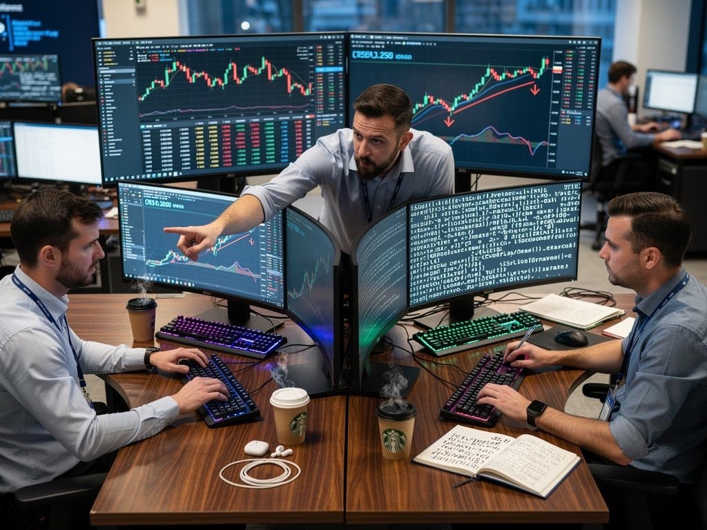 Analysts scrutinize AI text patterns and BTC charts on multi-monitors in a modern trading floor