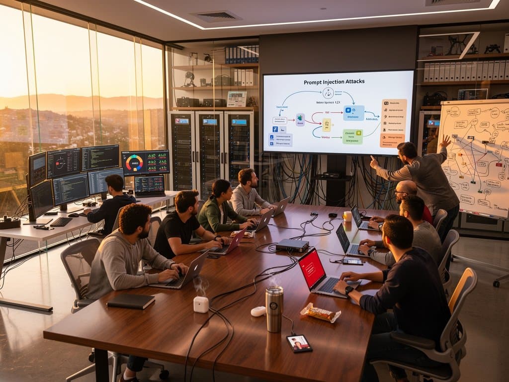 Modern AI startup conference room with ChatGPT screens, cybersecurity alerts, and crypto market displays overlooking Bay Area