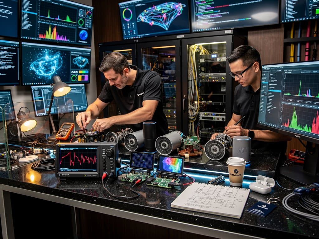 Cyber lab workbench dissecting smart speakers, oscilloscopes graphing back-EMF, ML dashboards detecting eavesdropping threats