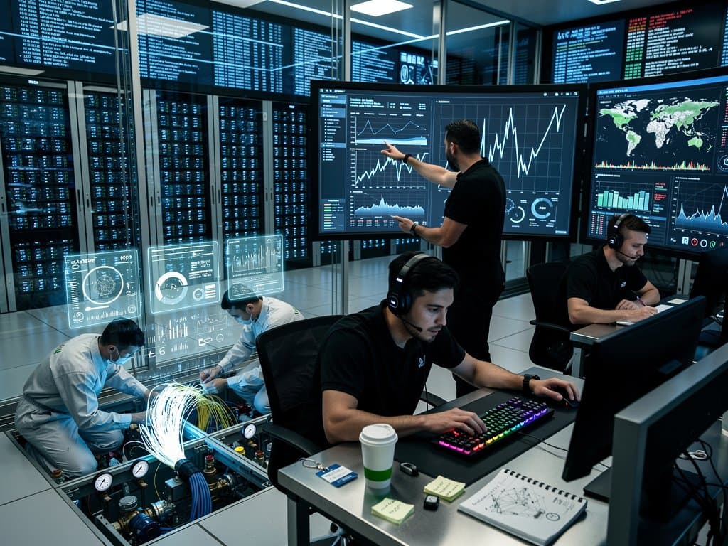 Engineers monitor security alerts on multi-monitor consoles in a busy Tier IV data center control room amid server racks and diagnostic tools