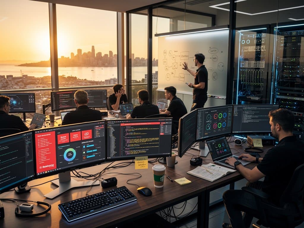 AI safety engineers in Anthropic lab review cybersecurity dashboards and Mythos logs on advanced multi-monitor setups
