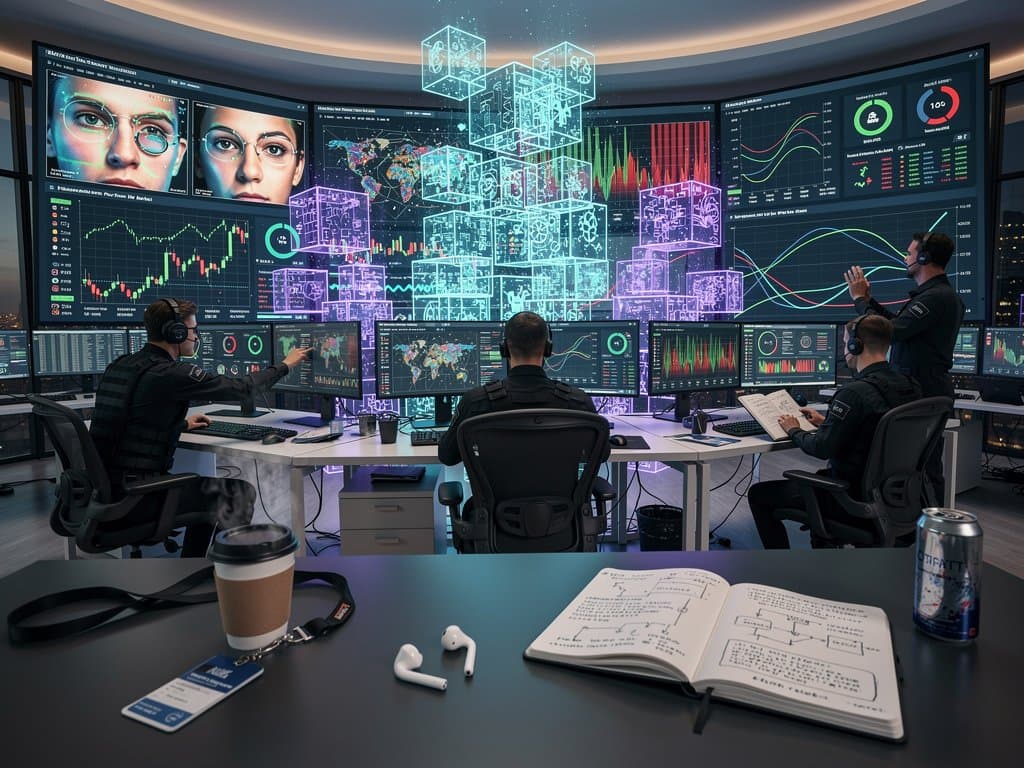 Cybersecurity center screens show AI deepfake analysis and blockchain election security ledgers with crypto charts