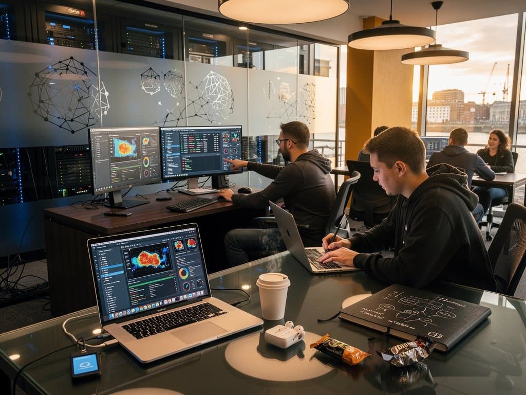 AI engineers in Dublin startup review model security on monitors amid modern office with neural network visuals and regulatory diagrams