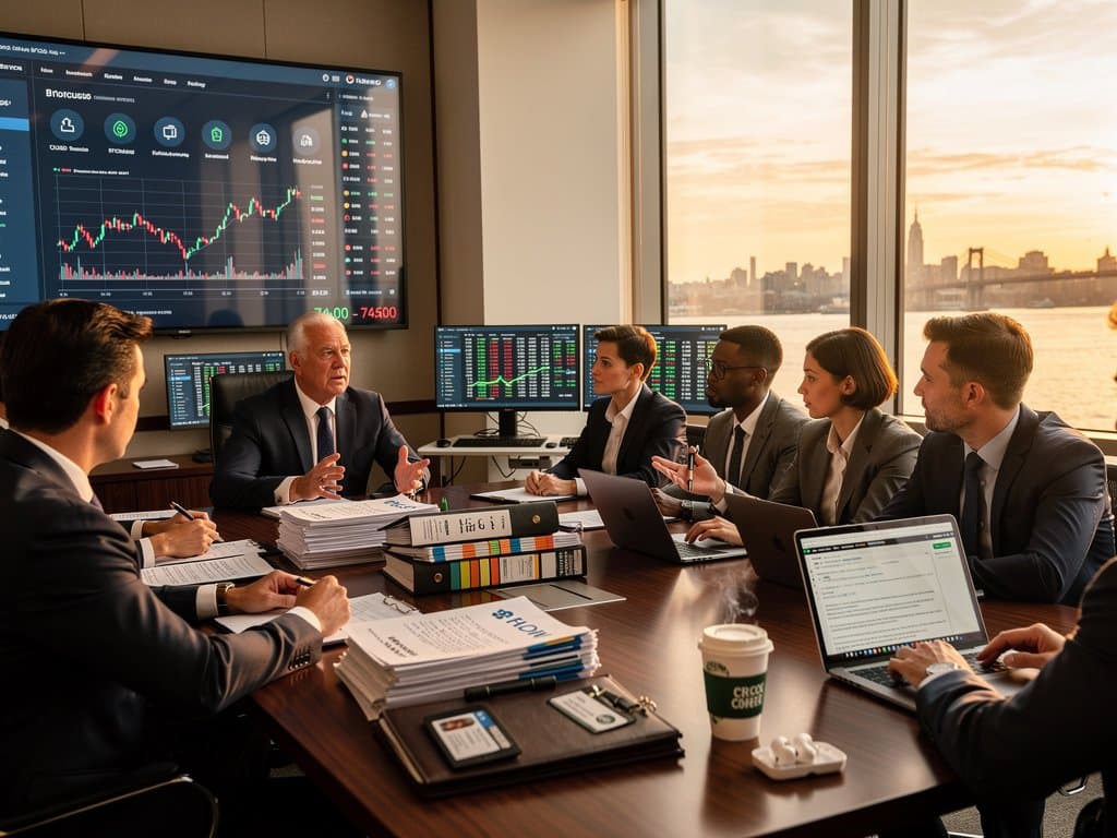 Lawyers in upscale conference room review crypto documents on screens amid Bloomberg terminals and city view