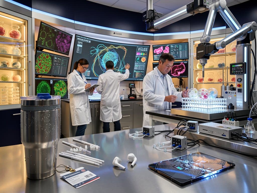 Futuristic robotic biotech lab scaling AI organoid research with precision automation and glowing mini-organs