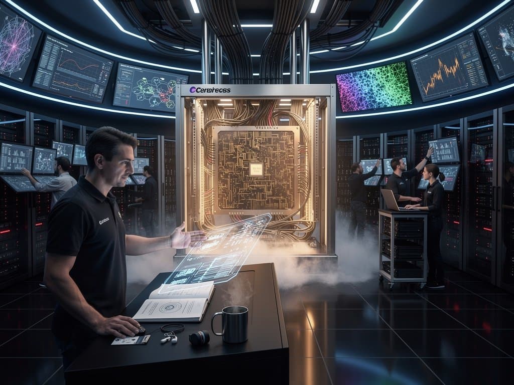 Cerebras CS-3 wafer-scale AI chip in modern data center with monitors displaying benchmarks and server racks under LED lights