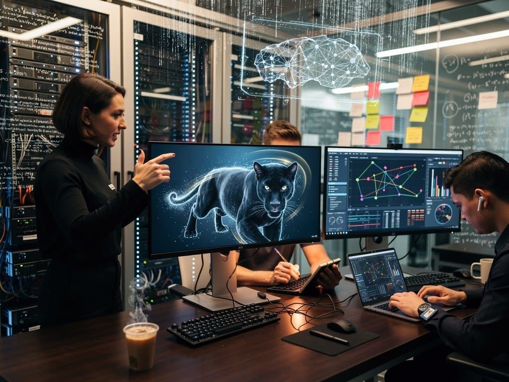 AI workstation screen showing cat-to-panther image morph amid diffusion model visuals and GPU racks