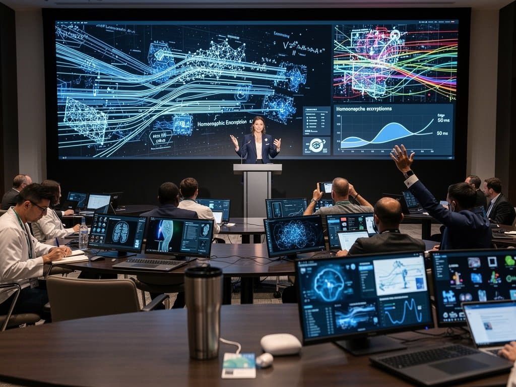 Startup CEO pitches cyber-resilient AI tools at Southeastern AI Healthcare Conf in Georgia Tech auditorium to investors and clinicians