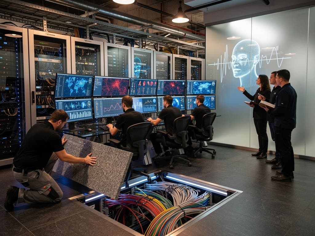 Engineers monitor AI cybersecurity dashboards in high-tech data center with server racks, fiber cables, and holographic displays