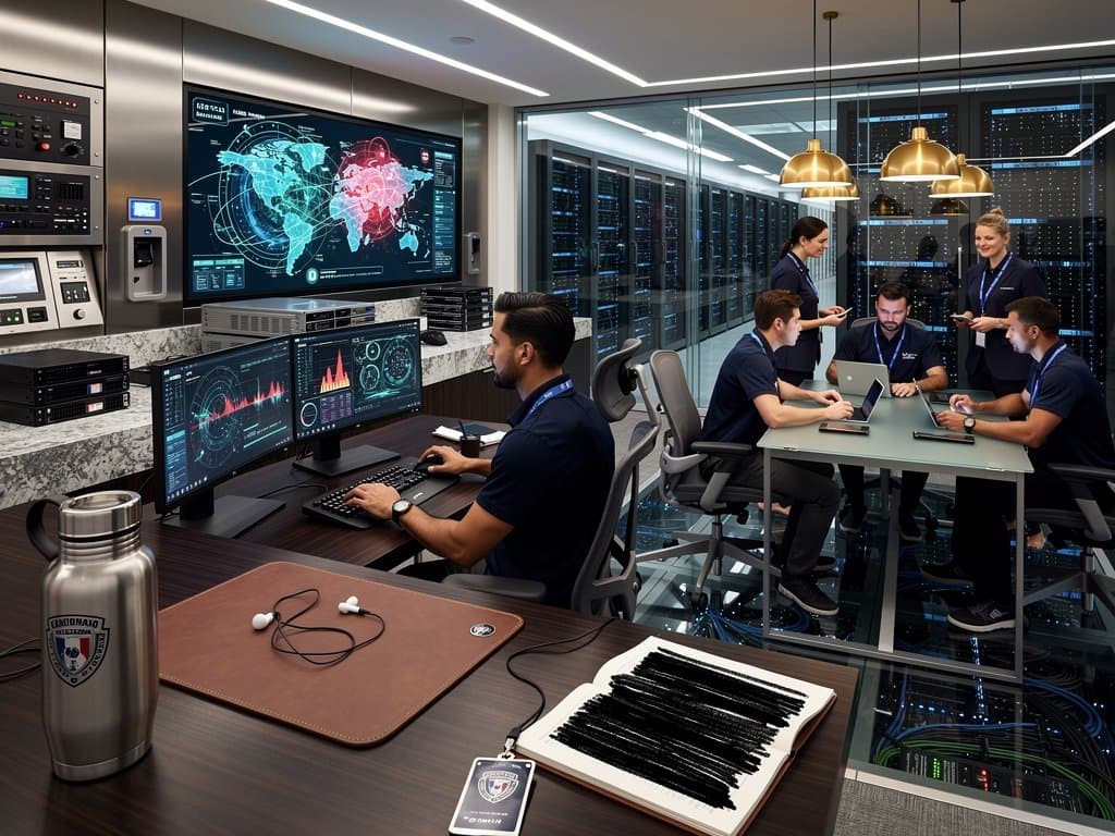 Cybersecurity team analyzes AI threat intelligence on curved multi-monitors in a modern US Cyber Command operations center