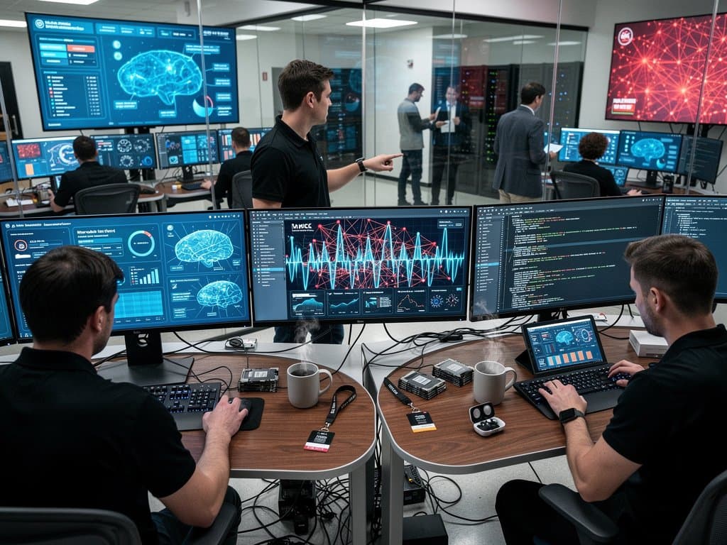 Secure data center with AI transformer models, threat maps, and DoD dashboards on multi-monitors amid server racks
