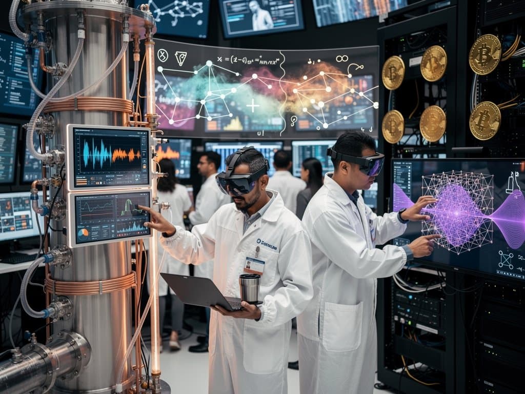 Quantum lab with cryogenic systems and engineers monitoring blockchain security displays against quantum threats