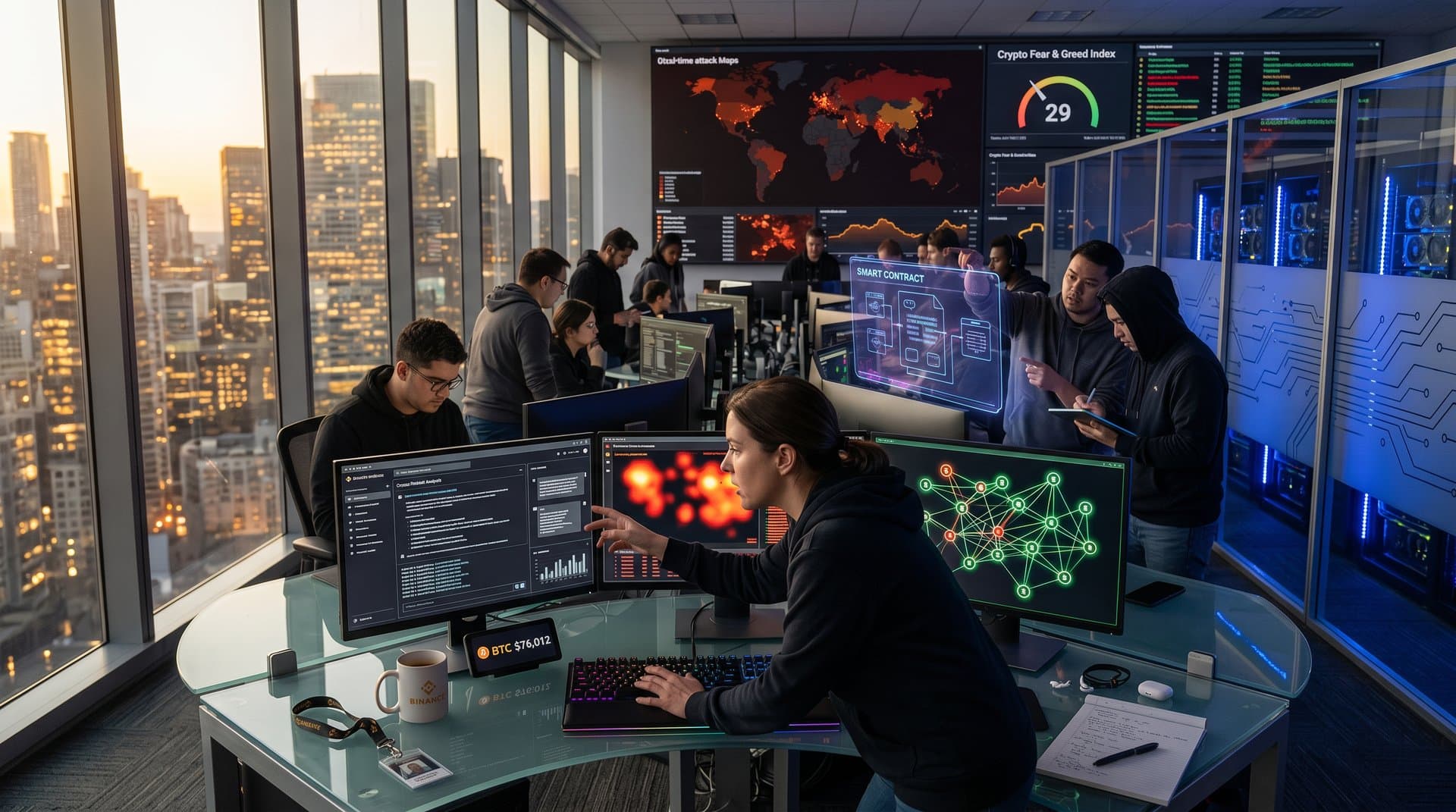 Engineer in fintech startup ops center with AI chatbot analyzing crypto threats, team viewing blockchain diagrams and price tickers