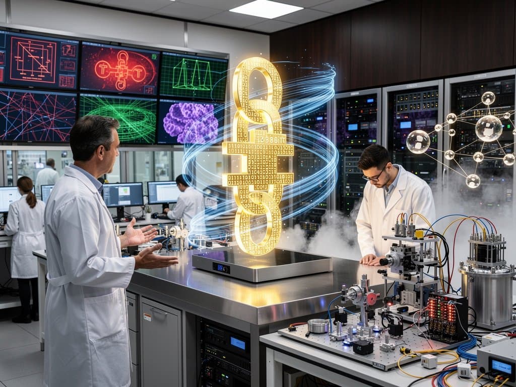 Holographic 128-bit key and Grover algorithm visualization in quantum lab with cryogenic and server elements