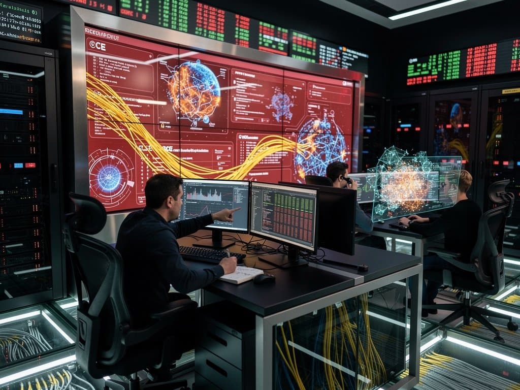 AI security ops center screens show Anthropic MCP RCE alerts amid crypto tickers and server warnings in high-tech room