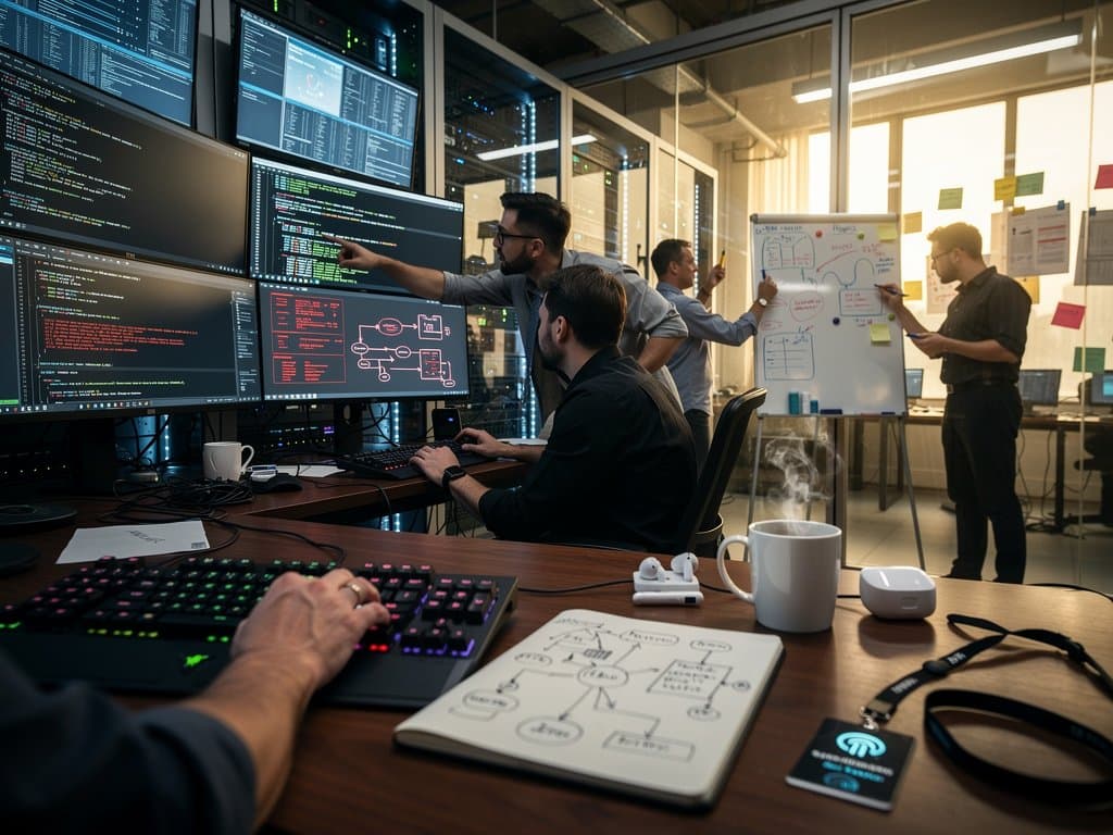 Tech lab showing Anthropic MCP code, RCE scans, server racks, and AI risk diagrams in modern office
