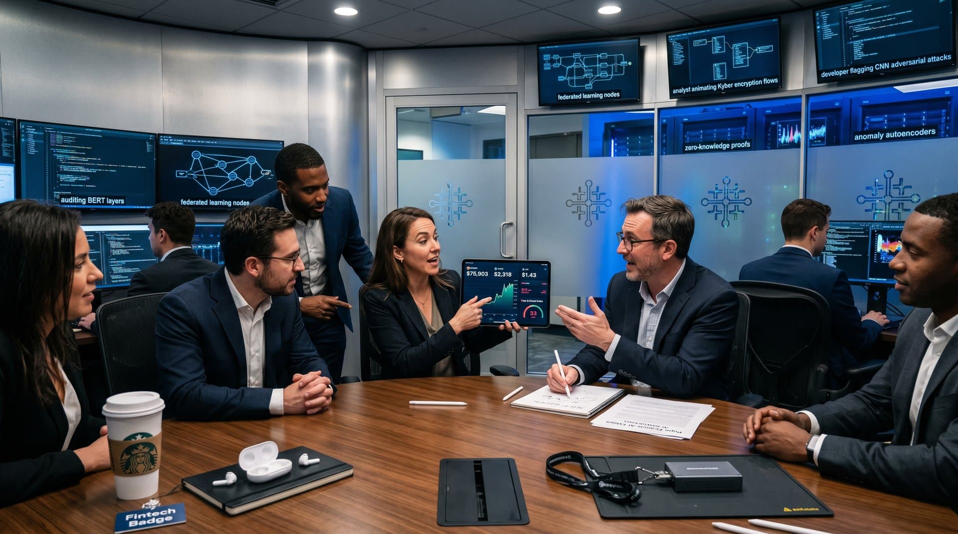 Fintech boardroom blending papal AI ethics document, Fear 33 crypto charts, Bitcoin $75,903, neural audits, and secure servers