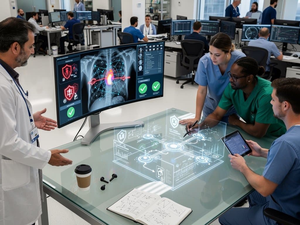Hospital AI command center displaying cybersecurity shields over diagnostic models and blueprint holograms