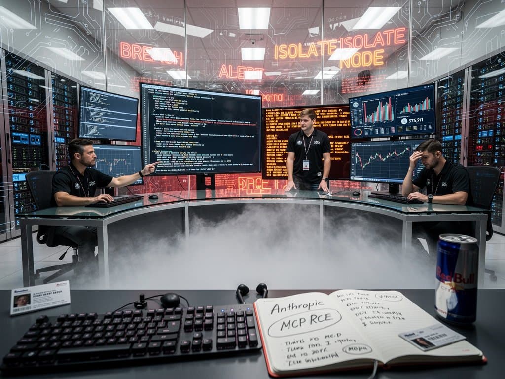 Digital cyber attack on AI neural network cluster highlighting Anthropic MCP RCE vulnerability amid crypto fear index charts