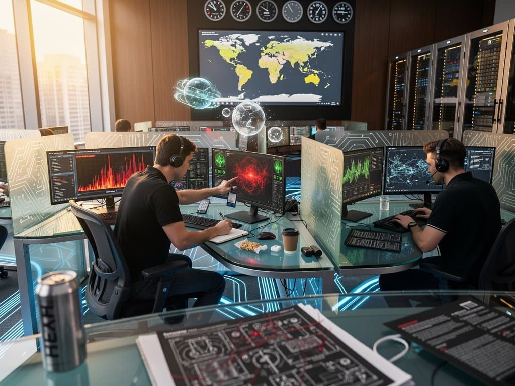 Analysts at curved desks with multi-monitors tracking AI cybersecurity threats in modern operations center with glass partitions and LED lighting