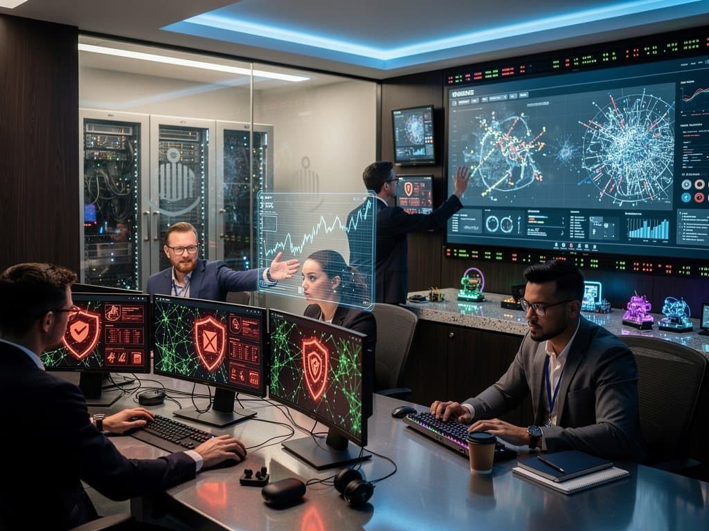 Healthcare AI cybersecurity dashboard in modern operations center showing secure patient data flows and threat detection