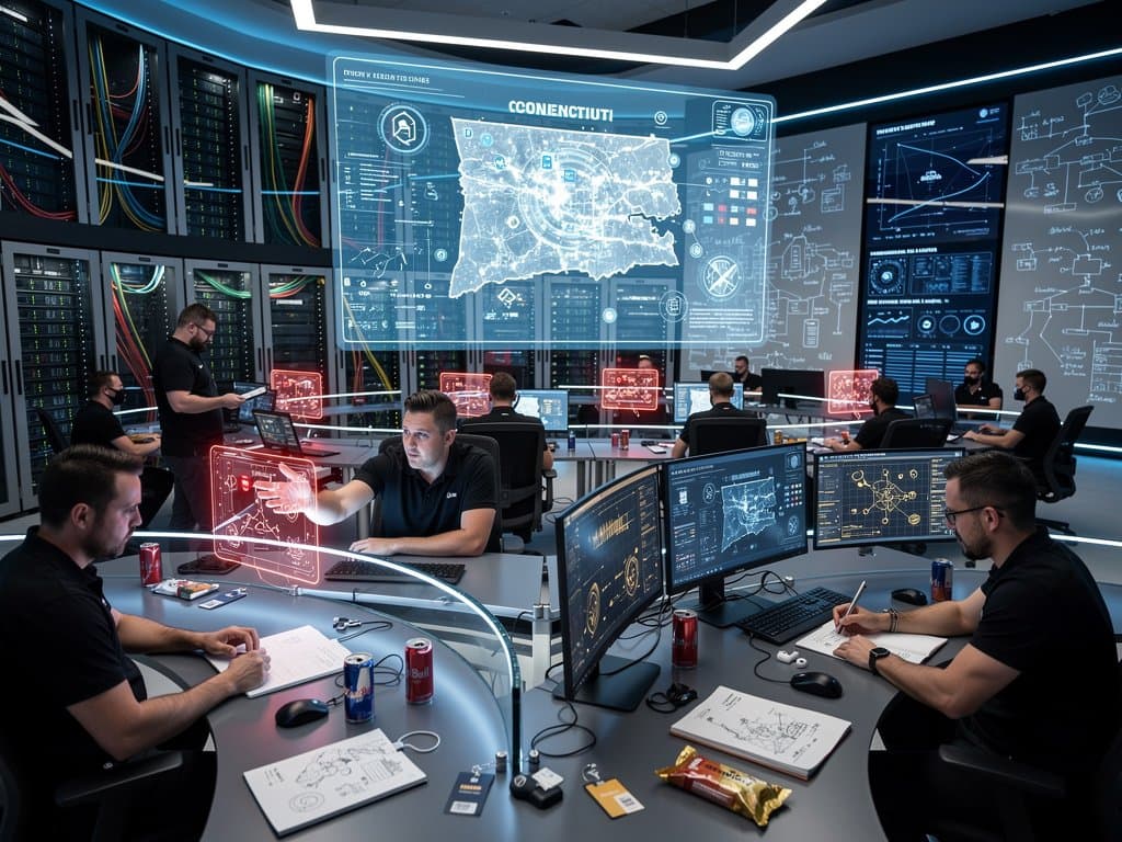 Cybersecurity analysts monitor AI vulnerabilities in a high-tech operations center with glowing server racks and threat visualizations