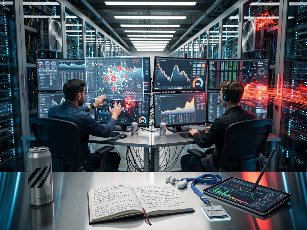 Cybersecurity team monitors AI threat dashboards in high-tech data center with server racks and crypto market displays