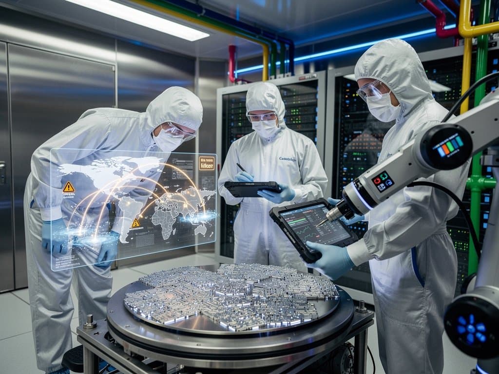 Futuristic cleanroom assembling 5nm AI chips with holographic supply chain maps, cybersecurity threats, and BTC charts
