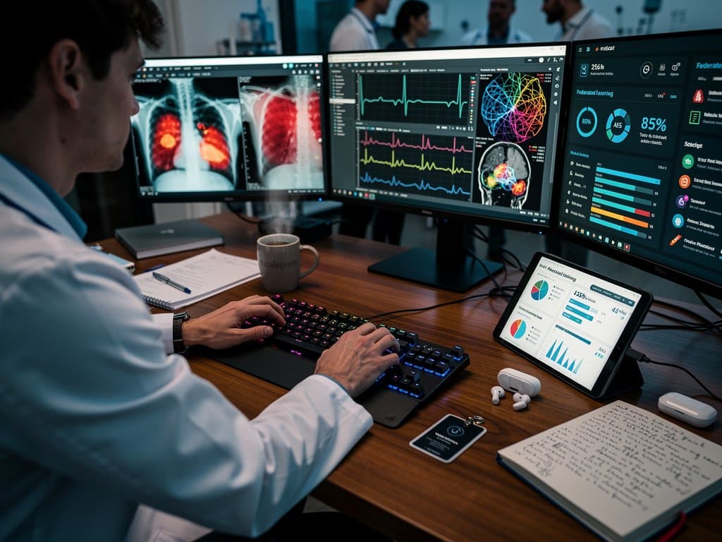 Futuristic AI lab with heatmaps on X-rays, cybersecurity dashboards, federated learning code, and Accuity AI Excellence Awards elements for secure healthcare innovation.