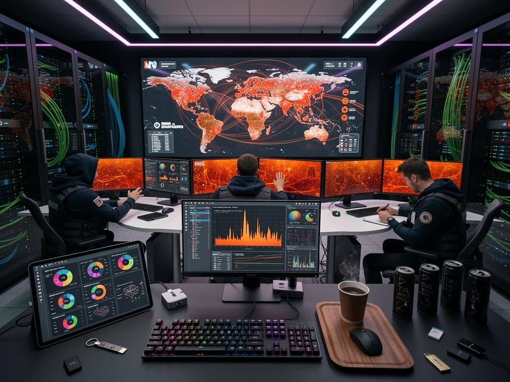 Cybersecurity analysts monitor AI dashboards and threat maps on multi-monitor setups in a modern Tier IV data center control room with server hall backdrop (112 chars)