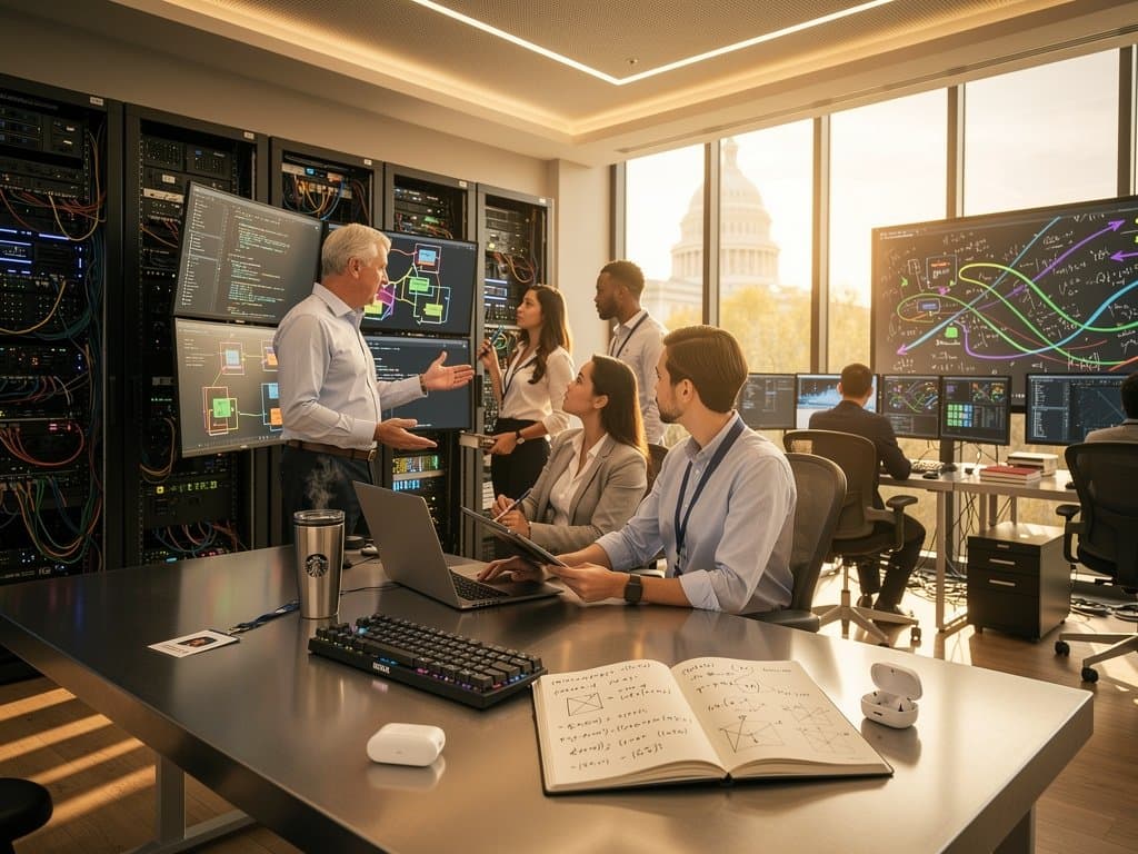 Researchers collaborate on AI diagrams in modern university lab with server racks and capitol view