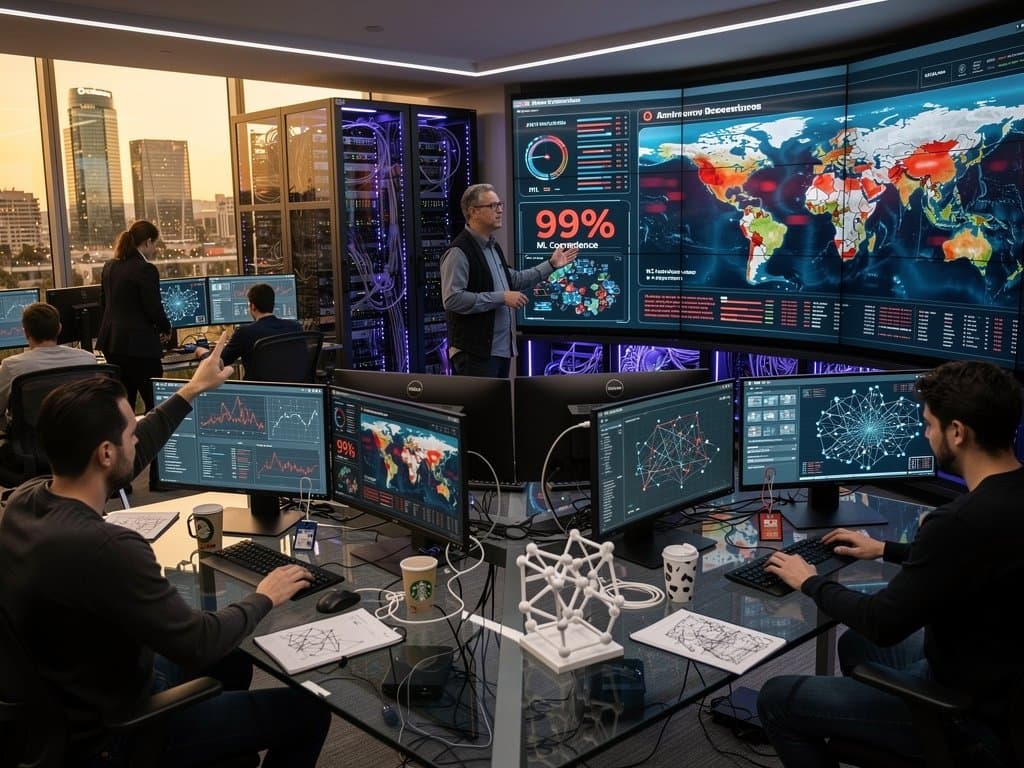 AI cybersecurity analysts monitor threat dashboards in modern operations center with glowing network maps